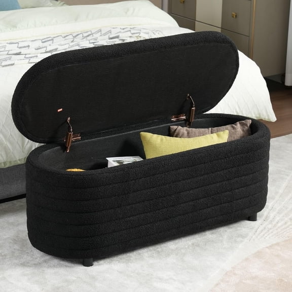 Guyou Storage Bench with Cushioned Seat, Faux Leather Ottoman, Safety-Stop Hinge – 300lb Weight Capacity, Black – for Entryway, Living Room, Bedroom