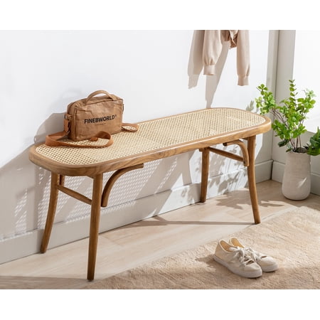 Guyou 45" Farmhouse Wood Bench, Small Rattan Cane Bench Wicker Bench Dining Bench for Dining Room End of Bed Living Room Entryway Foyer Indoor, Weave Bench