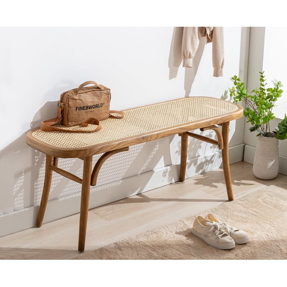 Guyou 45" Farmhouse Wood Bench, Small Rattan Cane Bench Wicker Bench Dining Bench for Dining Room End of Bed Living Room Entryway Foyer Indoor, Weave Bench