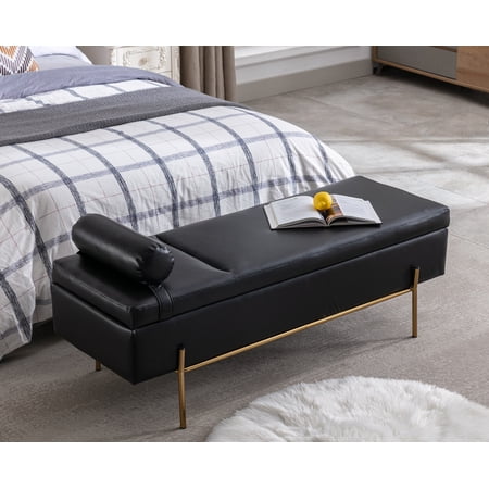 Guyou 54 inches End of Bed Bench, PU Leather Upholstered Storage Ottoman Bench Long Bench with Gold Legs for Bedroom Living Room Foyer Indoor Entryway , Black