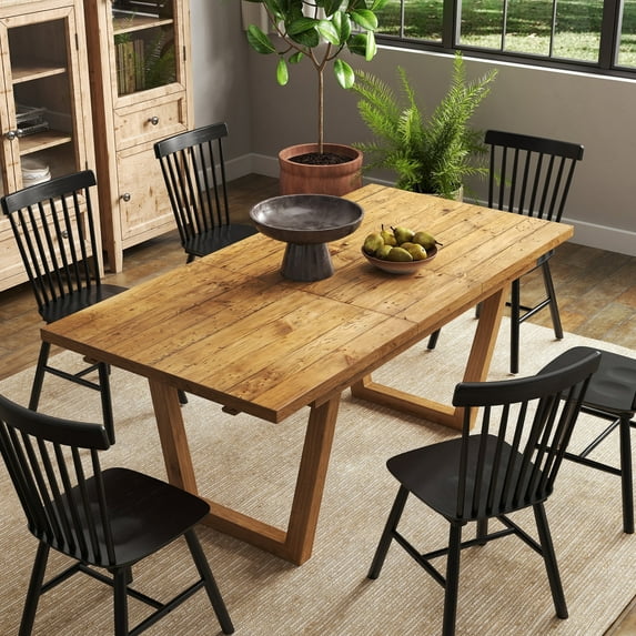 Guyou 55"-71" Extendable Dining Table, Farmhouse Rectangular Kitchen Table for 6-8 People, Solid Wood Rustic Dinner Table for Kitchen Dining Room, Walnut
