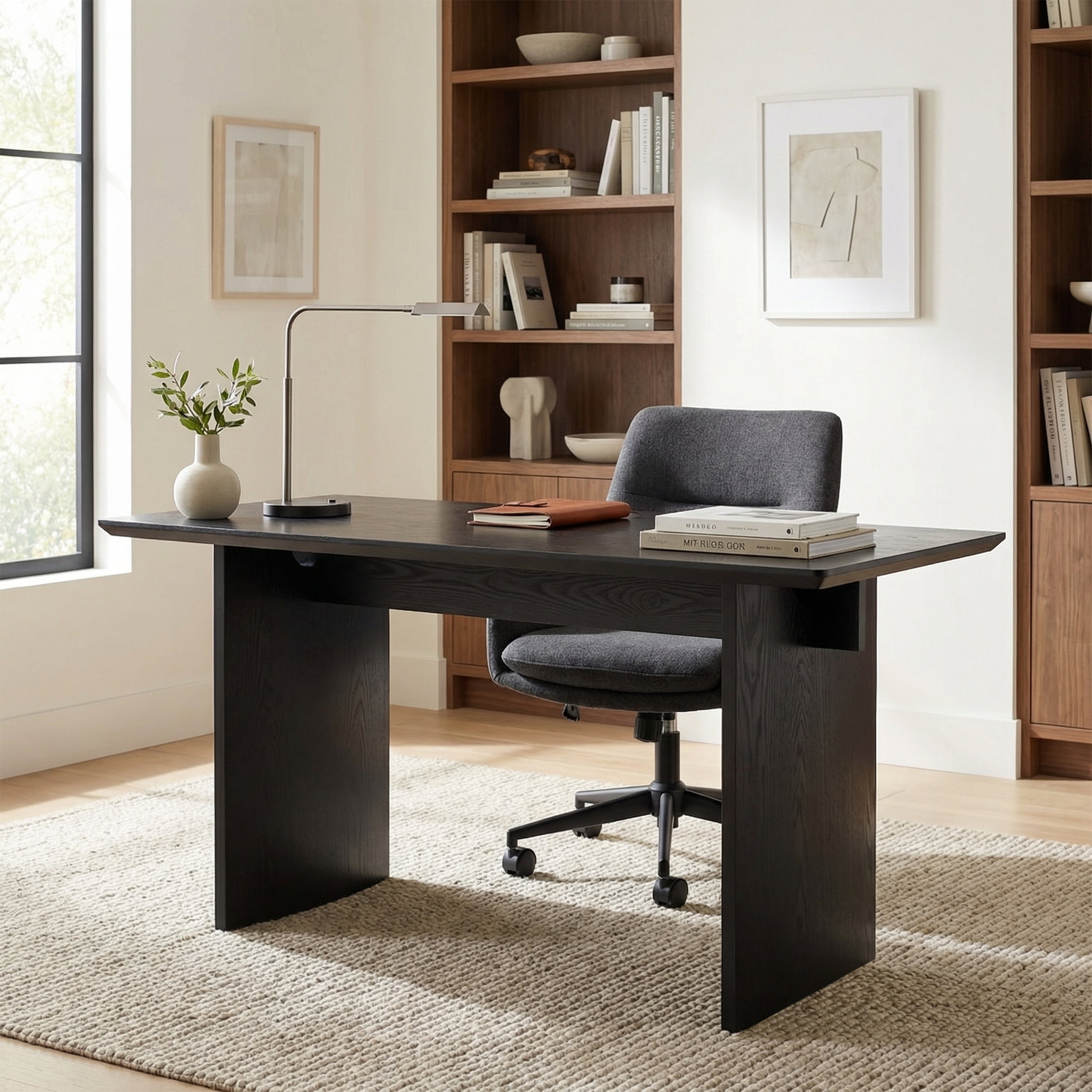 Guyou 55" Natural Oak Desk, Light Wood Finish MDF Study Table, Versatile Vanity & Office Desk with Sculptural Legs, Sturdy Two-Pedestal Design for Work & Study, Black