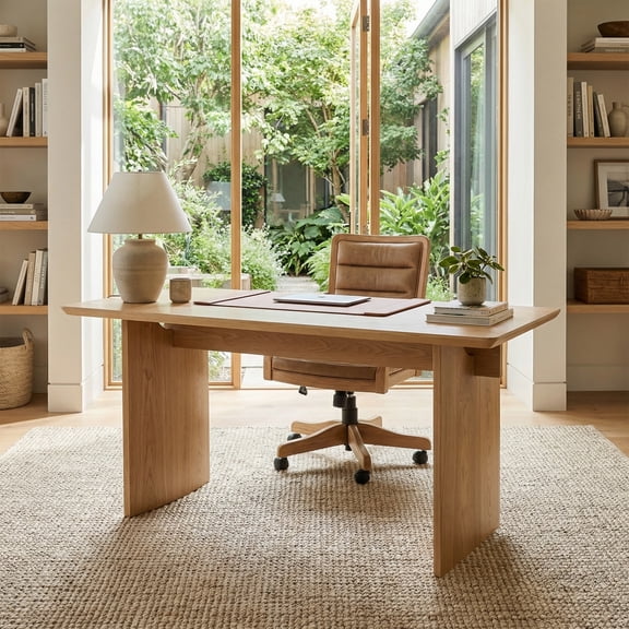 Guyou 55" Natural Oak Desk, Light Wood Finish MDF Study Table, Versatile Vanity & Office Desk with Sculptural Legs, Sturdy Two-Pedestal Design for Work & Study, Natural