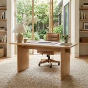 Guyou 55 Natural Oak Desk, Light Wood Finish MDF Study Table, Versatile Vanity & Office Desk with Sculptural Legs, Sturdy Two-Pedestal Design for Work & Study, Natural