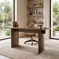 thumbnail image 1 of Guyou 55" Natural Oak Desk, Light Wood Finish MDF Study Table, Versatile Vanity & Office Desk with Sculptural Legs, Sturdy Two-Pedestal Design for Work & Study, Walnut, 1 of 12