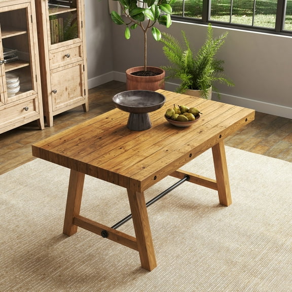 Guyou 59" Dining Table for 4-6 People, Farmhouse Rectangular Kitchen Table, Solid Wood Rustic Dinner Table for Dining Room Kitchen, Walnut
