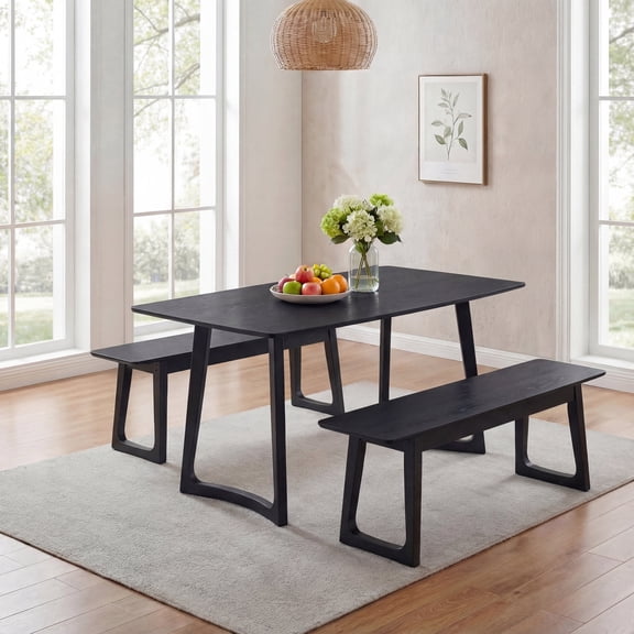 Guyou 63" Rectangular Wooden Dining Table with 2 Benches, Farmhouse Dining Table Set for 4-6 People, Kitchen Table with Bench, Dinner Table Set for Dining Room Restaurant, Black