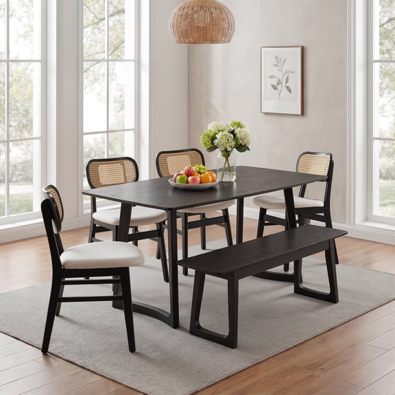 Guyou 63" Rectangular Wooden Dining Table with Bench, Farmhouse Dining Table Set for 4-6 People, Kitchen Table with Bench, Dinner Table Set for Dining Room Living Room Restaurant, Black