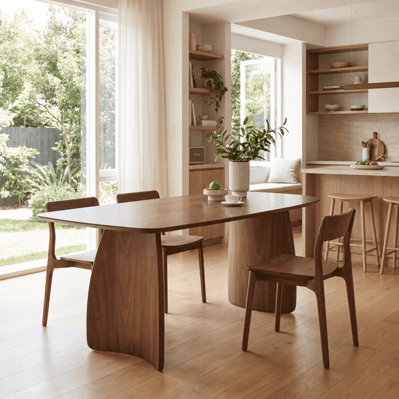 Guyou 70" Rectangular Wooden Dining Table, Solid Wood Kitchen Dining Table for 6-8 People, Mid Century Modern Dining Table with Curved Wooden Legs for Dining Room, Living Room, and Kitchen, Walnut