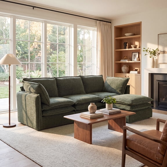 Guyou 87" Modular Sectional Cloud Couch, Chenille Upholstered Deep Seat Sofa Set with Removable Ottoman, Comfy Three-seater Sofa for Living Room, Green