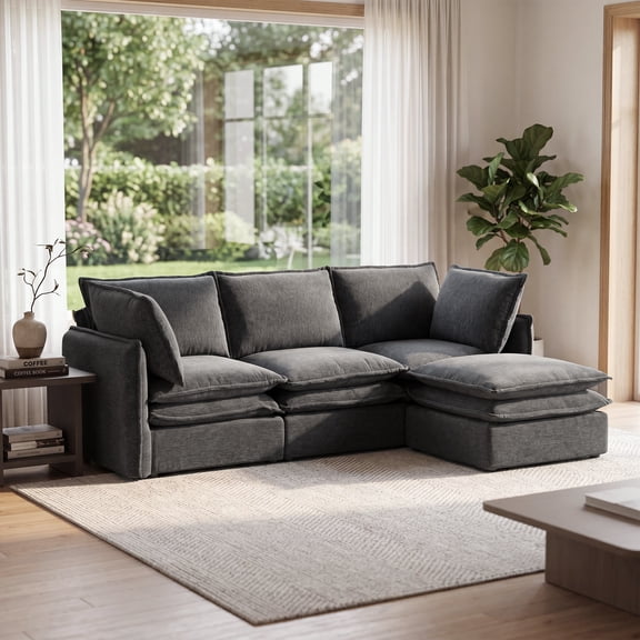 Guyou 87" Modular Sectional Cloud Couch, Chenille Upholstered Deep Seat Sofa Set with Removable Ottoman, Comfy Three-seater Sofa for Living Room, Dark Gray