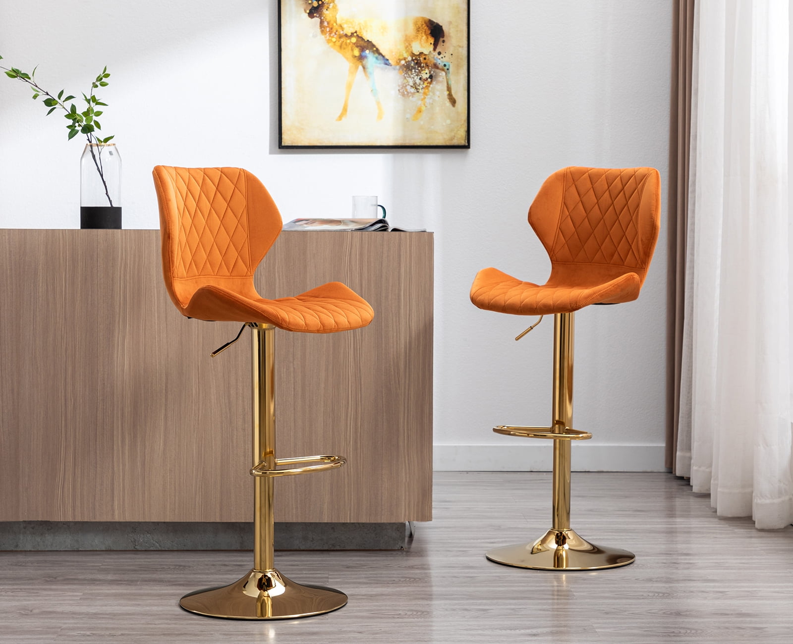 Orange Velvet Adjustable Swivel Bar Stools with Gold Base
