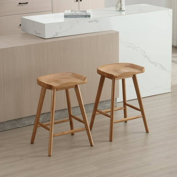 Guyou Backless Counter Stools Set of 2, 24 Inch Rustic Farmhouse Wooden Saddle Stools, Bar Stools for Kitchen Island Bar Bistro, Brown