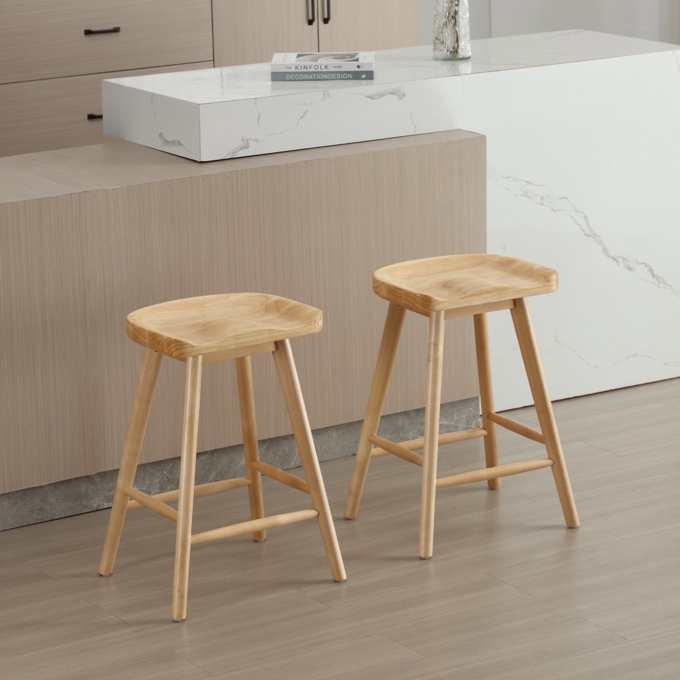 Guyou Backless Counter Stools Set of 2, 24 Inch Rustic Farmhouse Wooden Saddle Stools, Bar Stools for Kitchen Island Bar Bistro, Natural