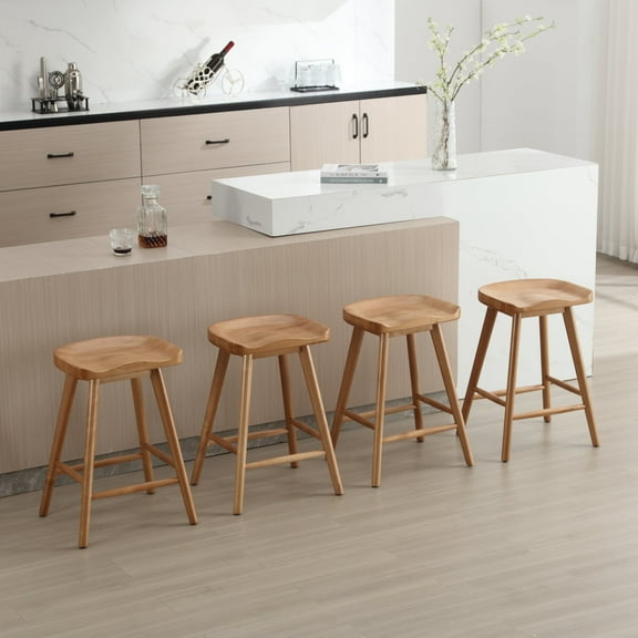 Guyou Backless Counter Stools Set of 4, 24 Inch Rustic Farmhouse Wooden Saddle Stools, Bar Stools for Kitchen Island Bar Bistro, Brown