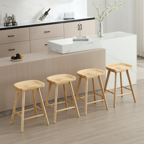 Guyou Backless Counter Stools Set of 4, 24 Inch Rustic Farmhouse Wooden Saddle Stools, Bar Stools for Kitchen Island Bar Bistro, Natural