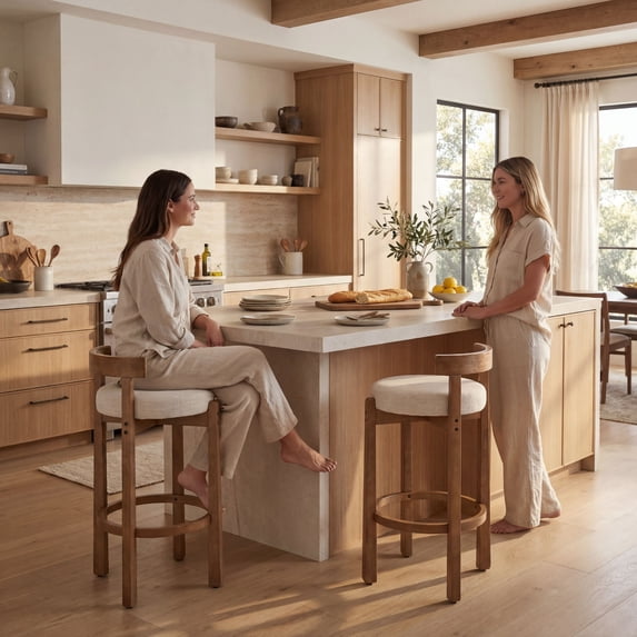 Guyou Bar Stools Set of 2, Mid Century Modern 30" Armless Island Bar Stools with Curved Back and Wooden Frame, Round Kitchen Stools with Footrest for Restaurant Bar Kitchen Island, Beige