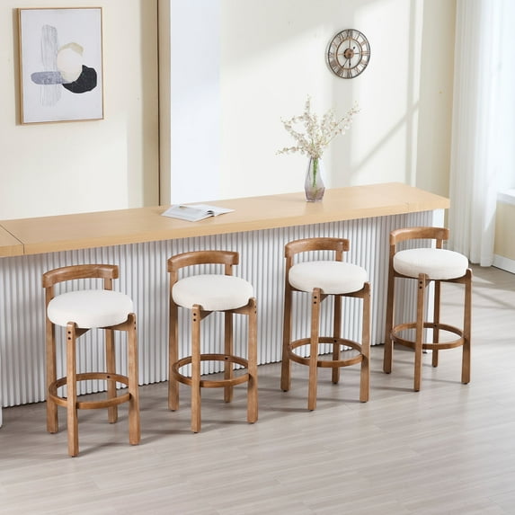 Guyou Bar Stools Set of 4, Mid Century Modern 30" Armless Island Bar Stools with Curved Back and Wooden Frame, Round Kitchen Stools with Footrest for Restaurant Bar Kitchen Island, Beige