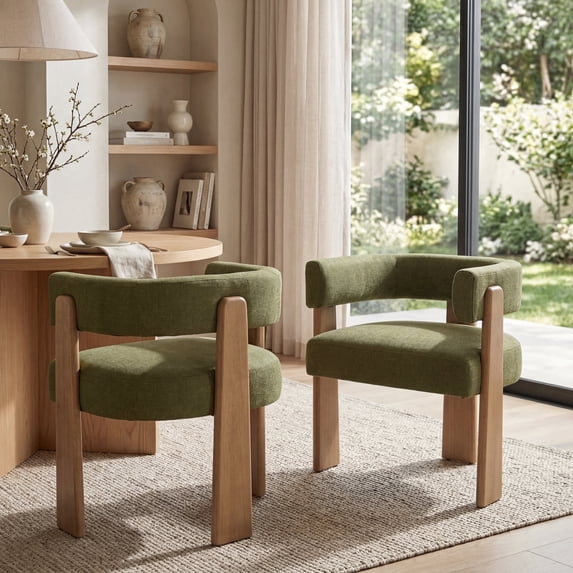 Guyou Barrel Dining Chairs Set of 2, Modern Linen Upholstered Dining Room Chairs with Curved Back, Farmhouse Wooden Accent Side Armchairs for Dining Room, Living Room, and Kitchen, Green