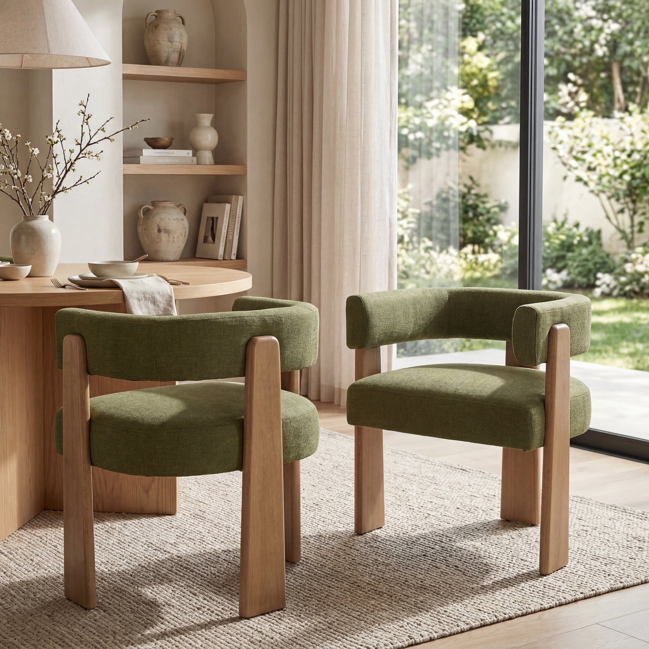 Guyou Barrel Dining Chairs Set of 2, Modern Linen Upholstered Dining Room Chairs with Curved Back, Farmhouse Wooden Accent Side Armchairs for Dining Room, Living Room, and Kitchen, Green