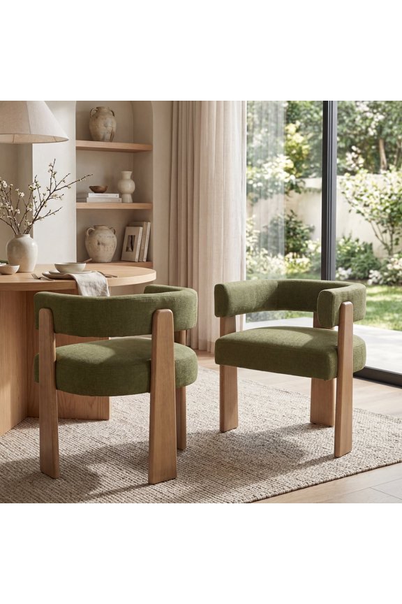 Barrel Dining Chairs Set of 2, Modern Linen Upholstered Dining Room Chairs with Curved Back, Farmhouse Wooden Accent Side Armchairs for Dining Room, Living Room, and Kitchen, Green