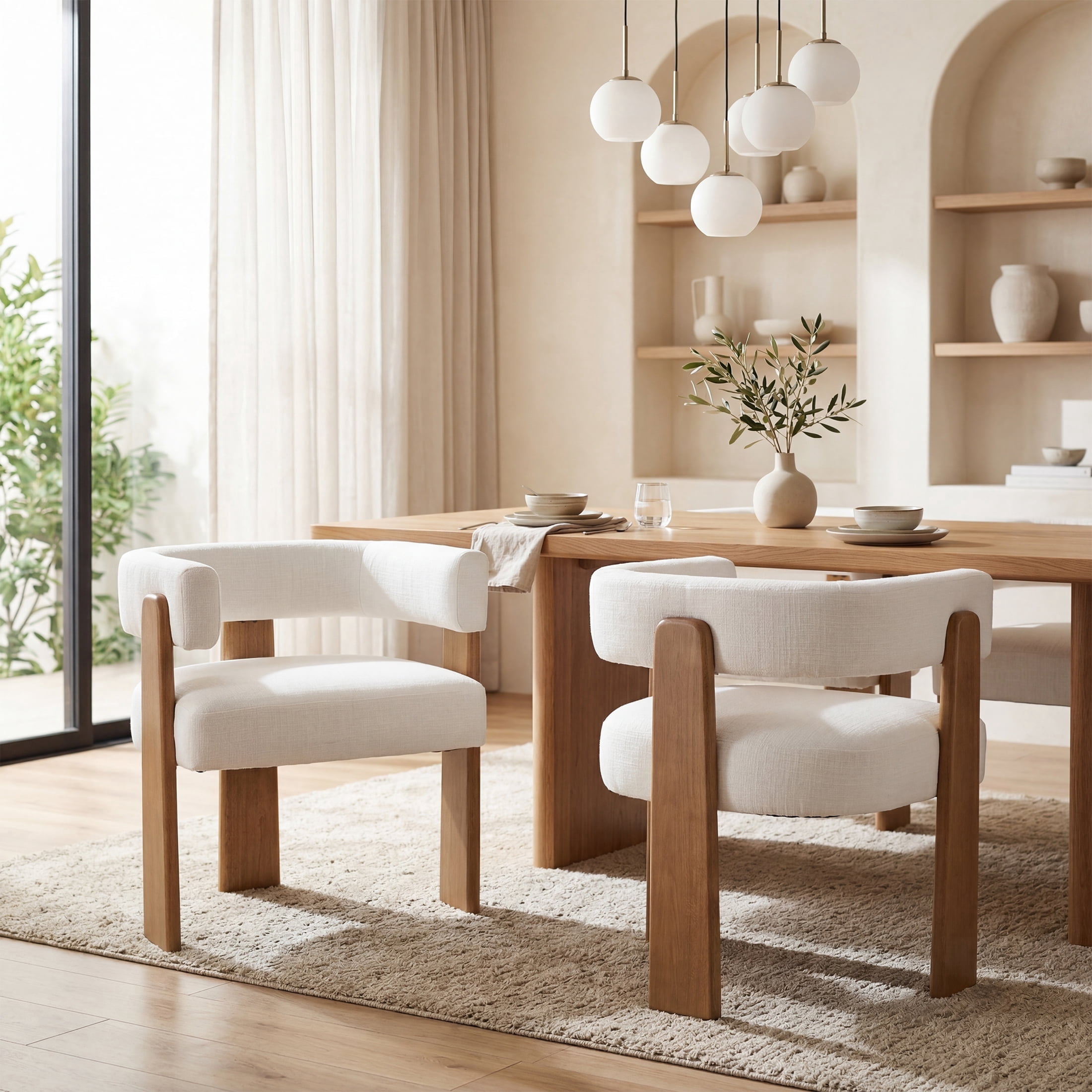 Guyou Barrel Dining Chairs Set of 2, Modern Linen Upholstered Dining Room Chairs with Curved Back, Farmhouse Wooden Accent Side Armchairs for Dining Room, Living Room, and Kitchen, White
