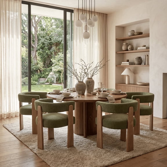 Guyou Barrel Dining Chairs Set of 4, Modern Linen Upholstered Dining Room Chairs with Curved Back, Farmhouse Wooden Accent Side Armchairs for Dining Room, Living Room, and Kitchen, Green