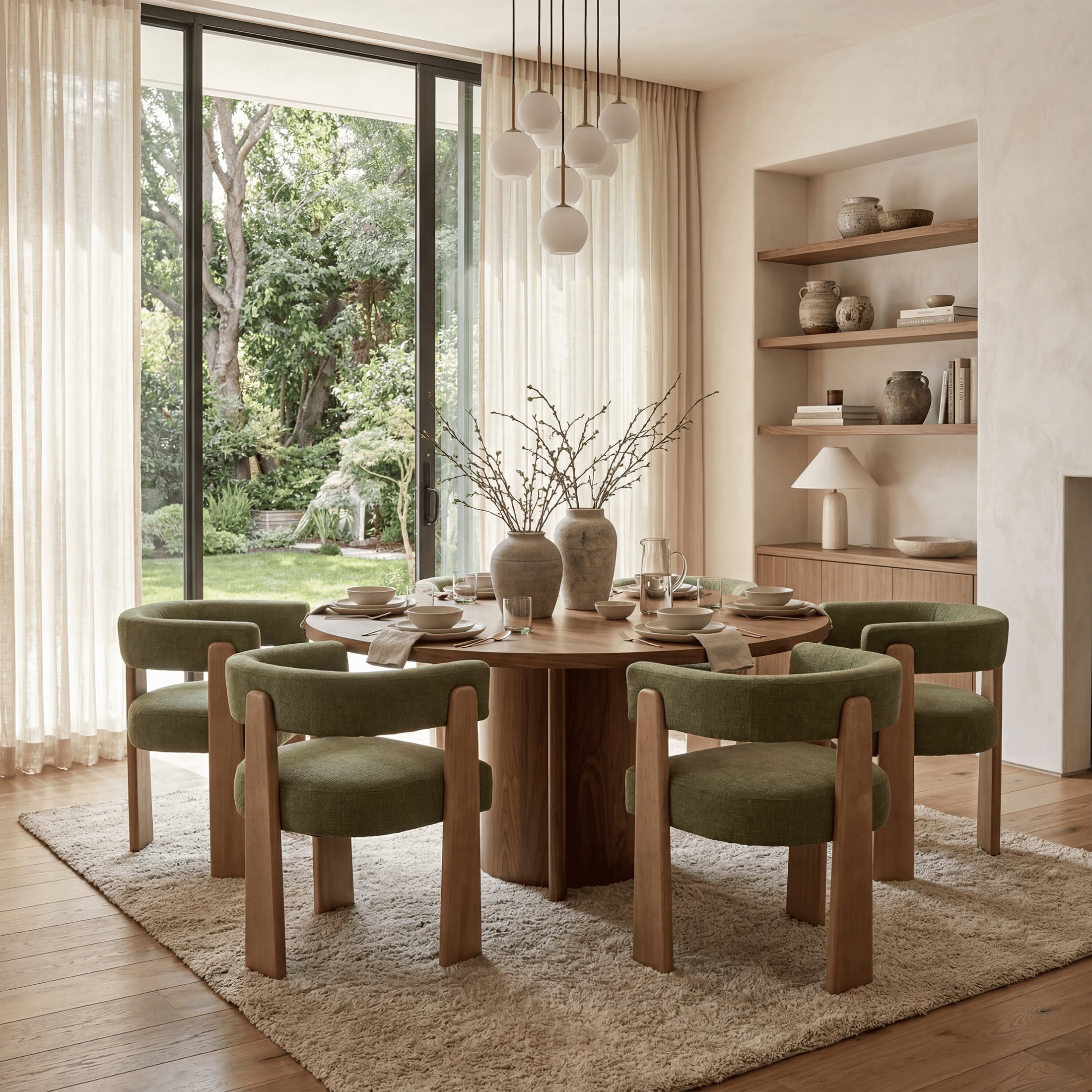 Guyou Barrel Dining Chairs Set of 4, Modern Linen Upholstered Dining Room Chairs with Curved Back, Farmhouse Wooden Accent Side Armchairs for Dining Room, Living Room, and Kitchen, Green