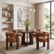 Guyou Barrel Dining Chairs Set of 4, Modern PU Upholstered Dining Room Chairs with Curved Back, Farmhouse Wooden Accent Side Armchairs for Dining Room, Living Room, and Kitchen, Brown