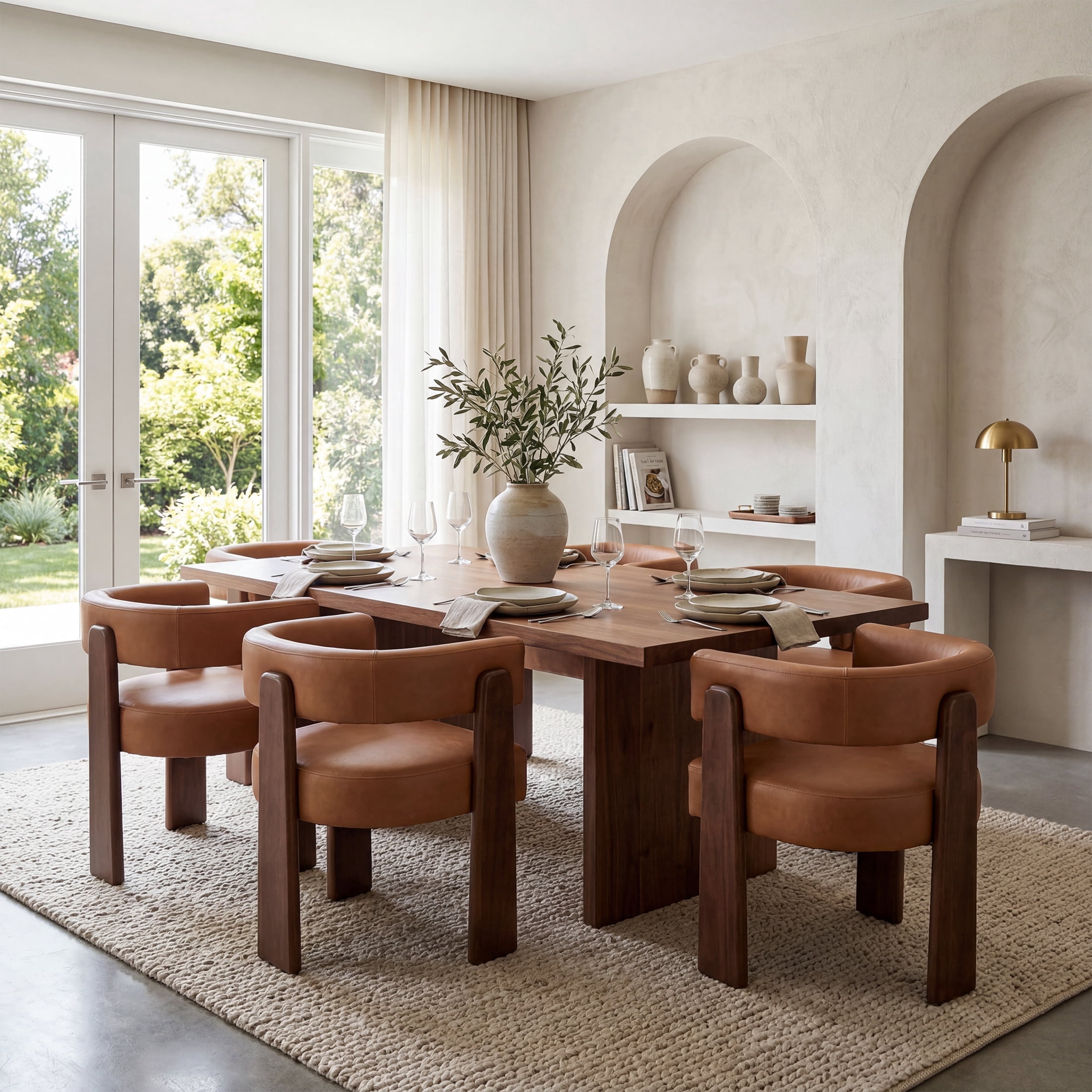 Guyou Barrel Dining Chairs Set of 6, Modern PU Upholstered Dining Room Chairs with Curved Back, Farmhouse Wooden Accent Side Armchairs for Dining Room, Living Room, and Kitchen, Brown