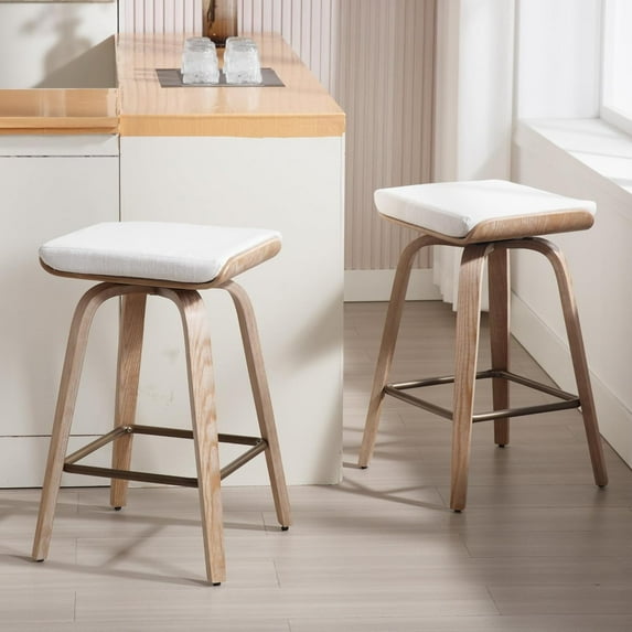 Guyou 26” Swivel Counter Height Bar Stools Without backrest, Upholstered Farmhouse Bar Stools with Footrest for Kitchen Island, Begie-Linen(Set of 2)