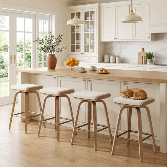 Guyou 26” Swivel Counter Height Bar Stools Without backrest, Upholstered Farmhouse Bar Stools with Footrest for Kitchen Island, Begie-Linen(Set of 4)