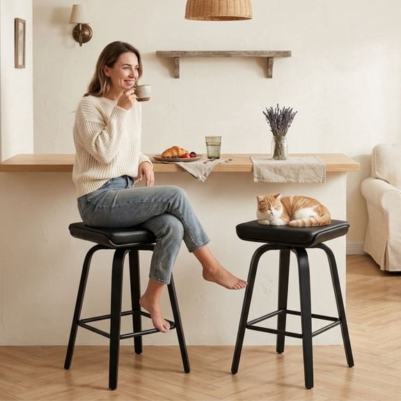 Guyou 26" Swivel Counter Height Bar Stools Set of 2, Modern Backless Counter Height Bar Stools with PU Upholstered, Farmhouse Bentwood Saddle Seat Wooden Island Chairs for Kitchen Pub, Black