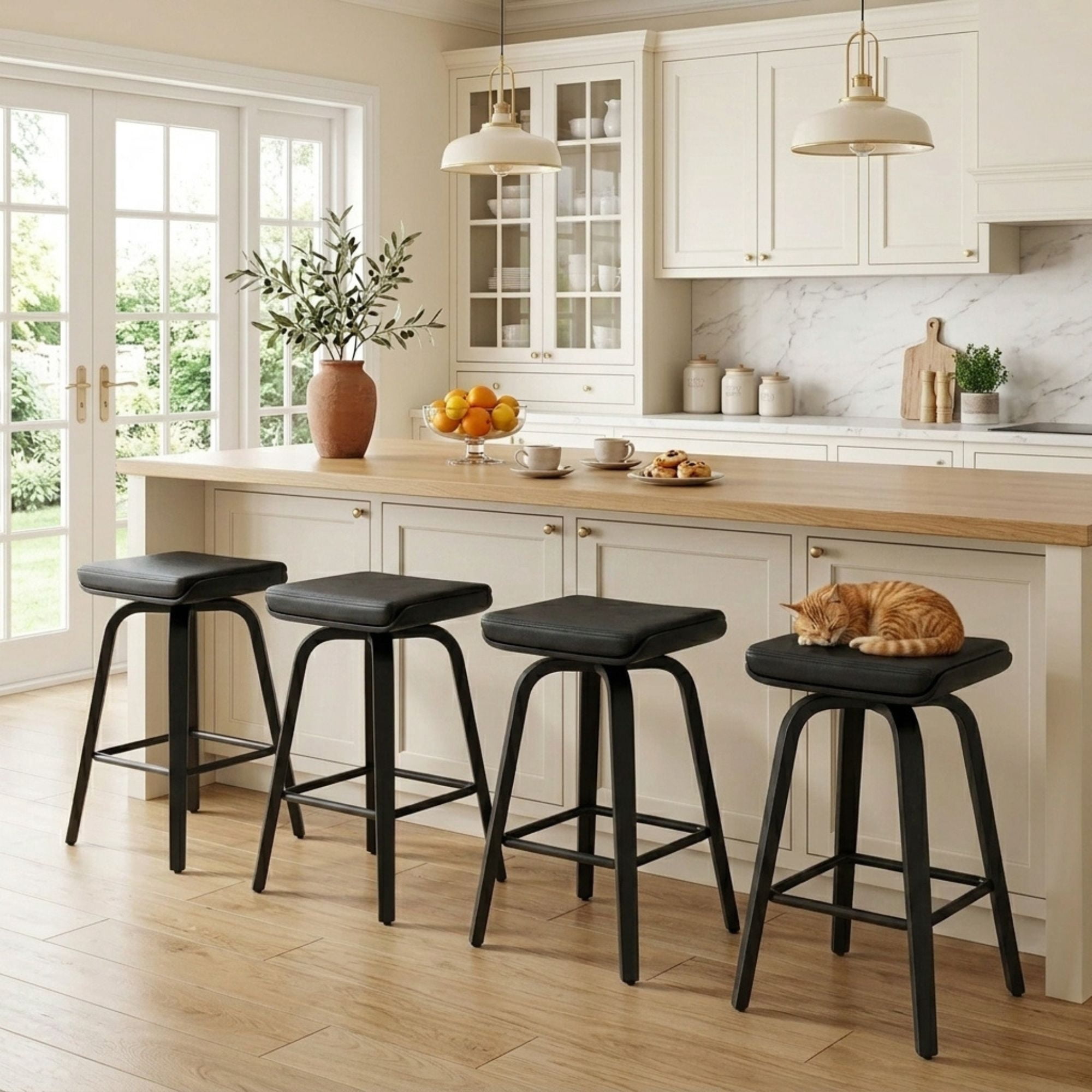Guyou 26” Swivel Counter Height Bar Stools Without backrest, Upholstered Farmhouse Bar Stools with Footrest for Kitchen Island, Black-PU Leather(Set of 4)