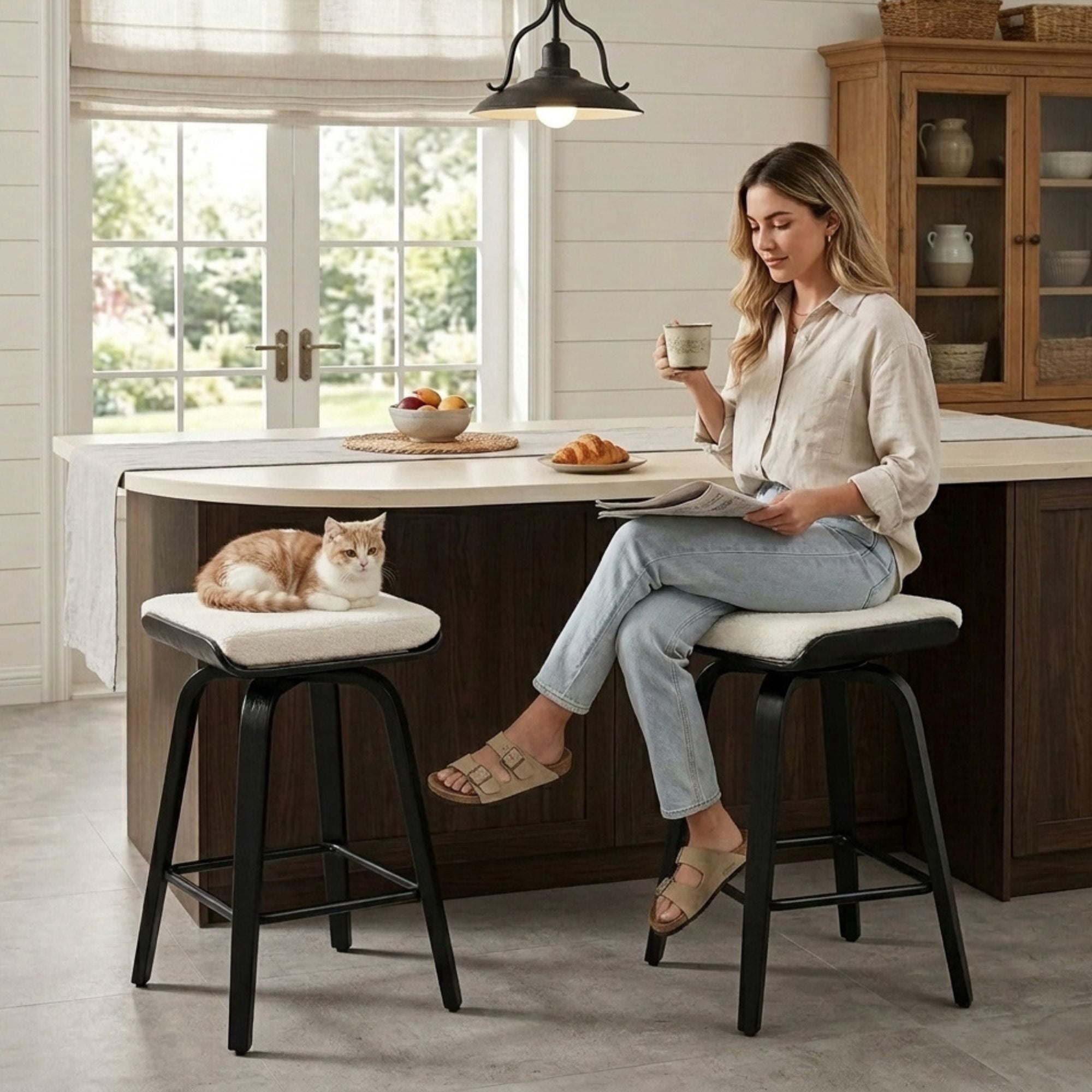 Guyou 26” Swivel Counter Height Bar Stools Without backrest, Upholstered Farmhouse Bar Stools with Footrest for Kitchen Island, White-Faux Sherpa(Set of 2)