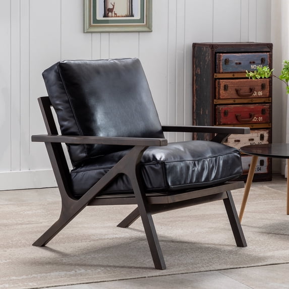 Guyou Black Faux Leather Accent Chair Armchair, Mid Century Arm Chair with Detachable Cushion, Modern Single Lounge Chair with Wood Frame for Living Room Bedroom Housting Room, Black