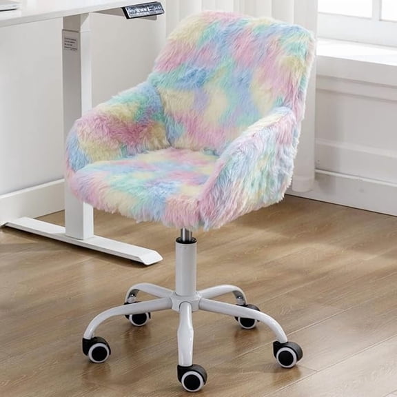 Guyou Children's Swivel Chair with Wheels (Set of One), Adjustable Table Makeup Chair with Armrests and Backrest, Velvet Upholstered Children's Study Chair for Boys and Girls, Rainbow Colours