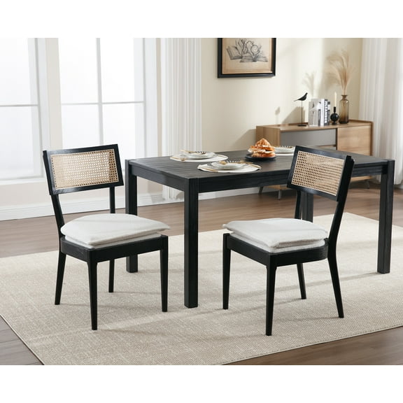 Guyou Classical Wooden Dining Chairs Set of 2, Farmhouse Rattan Cane Back Kitchen Chairs, French Country Side Chairs for Living Room Kitchen Dining Room, Black