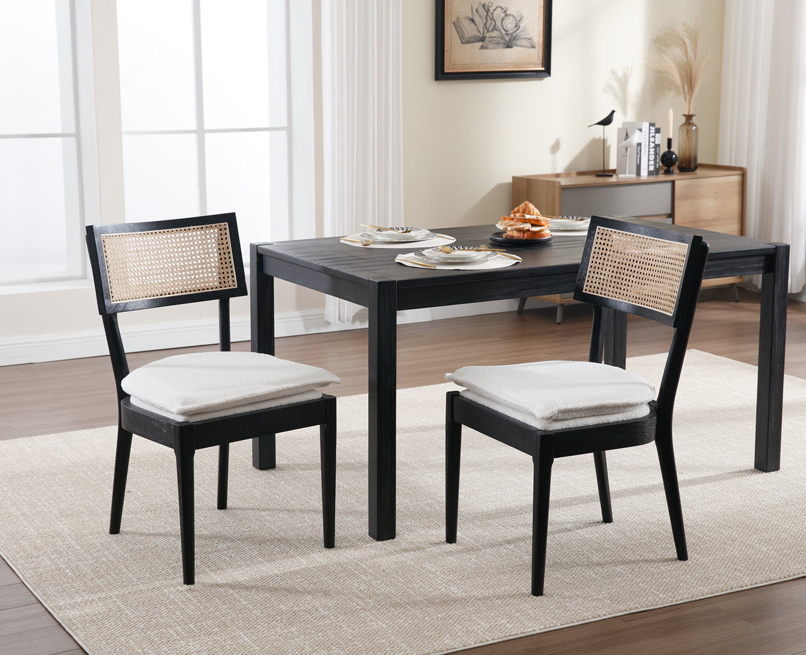 Guyou Classical Wooden Dining Chairs Set of 2, Farmhouse Rattan Cane