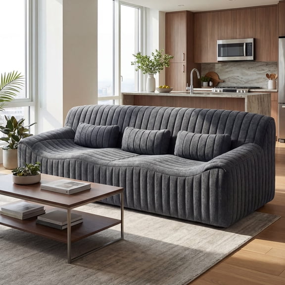 Guyou Cloud Boneless Floor Sofa Couch with 3 Pillows, Compressed 3-Seater Sofa Bed with Deep Seat High-Density Sponge Couch 1 PCS Chenille No Assembly for Living Room Bedroom Apartments, Black