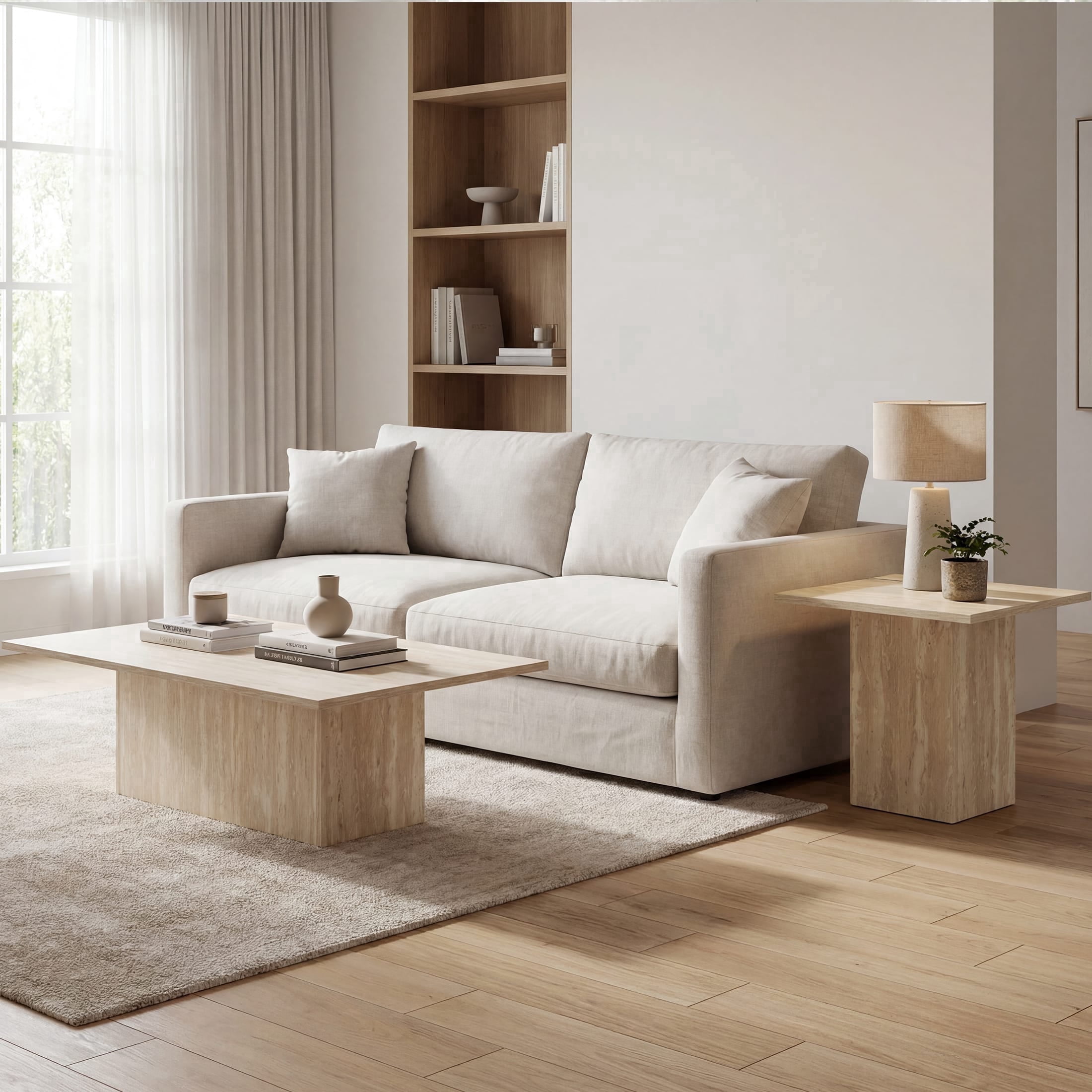 Guyou Coffee Table and End Table Set of 2 Modern Square Nesting Coffee Table Faux Marble Side Table Wooden Beige Travertine Finish for Living Room, Reception Room, Home Office