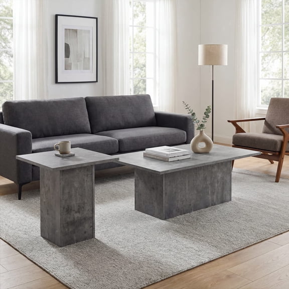 Guyou Coffee Table and End Table Set of 2 Modern Square Nesting Coffee Table Grey Wooden Side Table Concrete Texture Finish for Living Room, Reception Room, Home Office