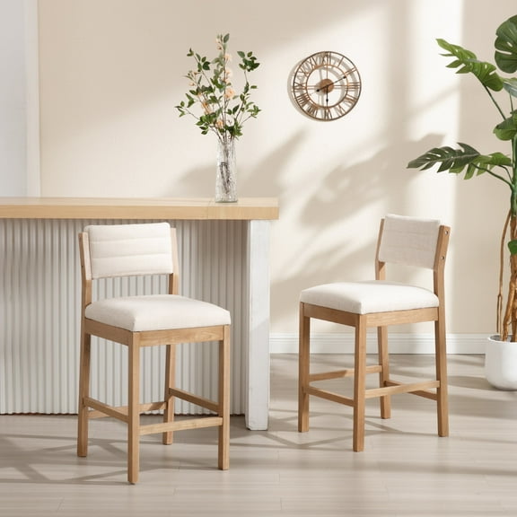 Guyou Counter Height Bar Stool Set of 2, Linen Upholstered Kitchen Island Chairs, Modern Farmhouse Wooden Bar Stools for Dining Room Kitchen, Beige