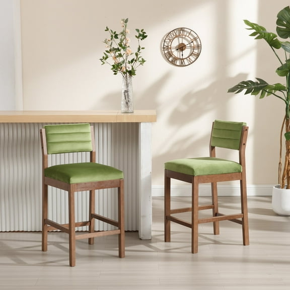 Guyou Counter Height Bar Stool Set of 2, Velvet Upholstered Kitchen Island Chairs, Modern Farmhouse Wooden Bar Stools for Dining Room Kitchen, Green