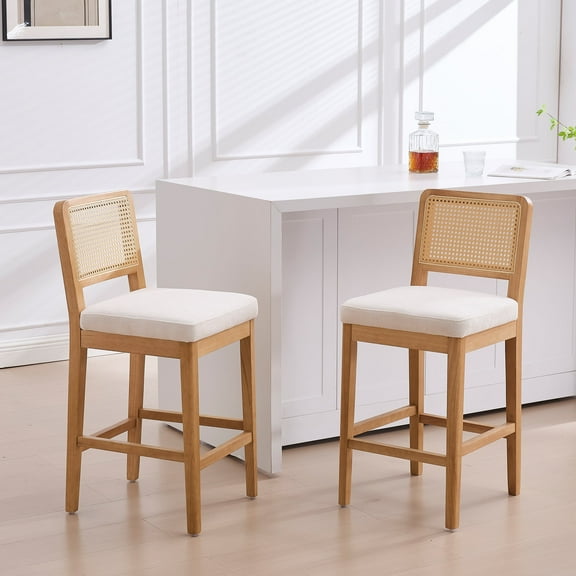 Guyou Counter Height Bar Stools Set of 2, 26" Farmhouse Wooden Rattan Bar Stools, Modern Chenille Upholstered Breakfast Barstools, Boho Wicker Woven Kitchen Island Chairs for Bar Bistro, White