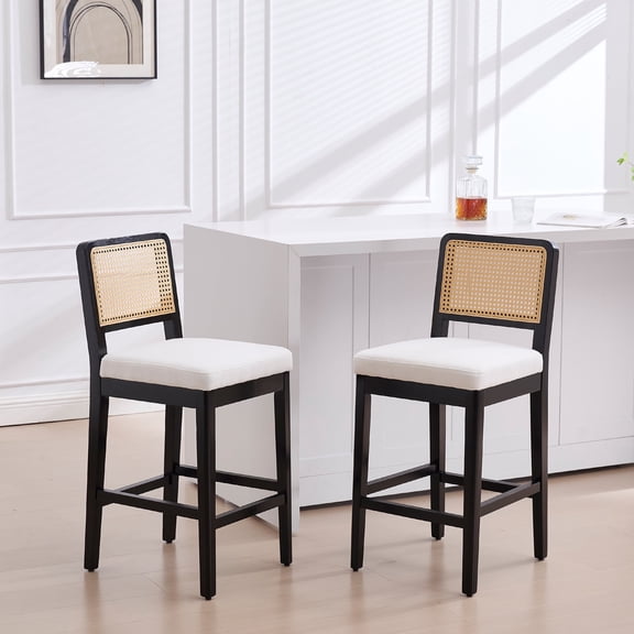 Guyou Counter Height Bar Stools Set of 2, 26" Farmhouse Wooden Rattan Bar Stools, Modern Linen Upholstered Breakfast Barstools, Boho Wicker Woven Kitchen Island Chairs for Bar Bistro, Beige