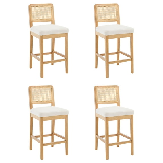 Guyou Counter Height Bar Stools Set of 4, 26" Farmhouse Wooden Rattan Bar Stools, Modern Chenille Upholstered Breakfast Barstools, Boho Wicker Woven Kitchen Island Chairs for Bar Bistro, White