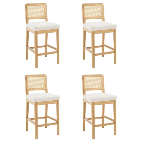Guyou Counter Height Bar Stools Set of 4, 26" Farmhouse Wooden Rattan Bar Stools, Modern Chenille Upholstered Breakfast Barstools, Boho Wicker Woven Kitchen Island Chairs for Bar Bistro, White