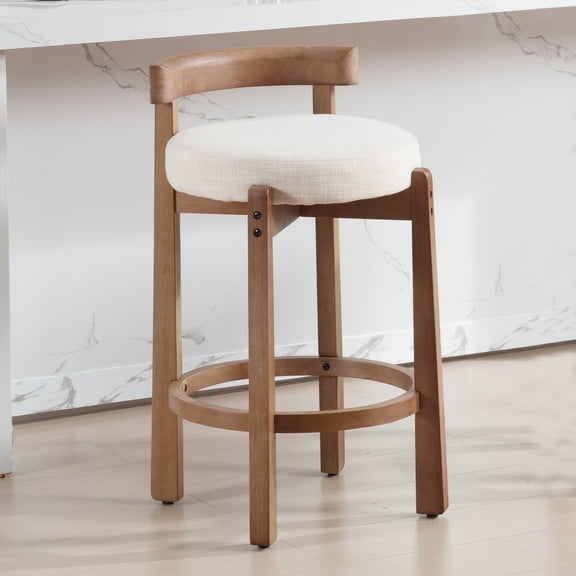 Guyou Counter Height Stools, Mid Century Modern 27" Armless Island Bar Stools with Curved Back and Wooden Frame, Round Kitchen Stools with Footrest for Restaurant Bar Kitchen Island, Beige