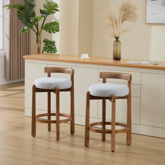Guyou Counter Height Stools Set of 2, Mid Century Modern 27" Armless Island Bar Stools with Curved Back and Wooden Frame, Round Kitchen Stools with Footrest for Restaurant Bar Kitchen Island, Grey